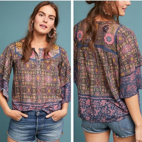 🆕️ Anthropologie Embroidered Floral Tiered Sleeve Boho Blouse Size Small - Picture 3 of 12
